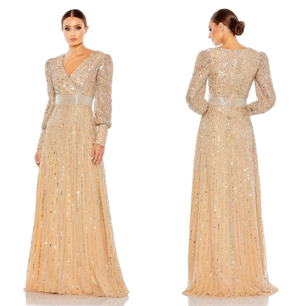 NEW NWT Mac Duggal Sequined Wrap Over Bishop Sleeve Maxi Gown In Vanilla Silver